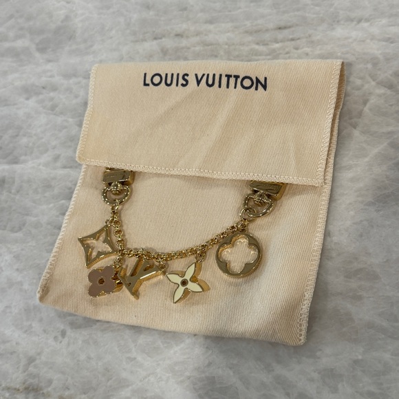 Louis Vuitton Fleur de Monogram Bag Charm Chain Gold Tone Beiges Pinks M01413 - Picture 7 of 8